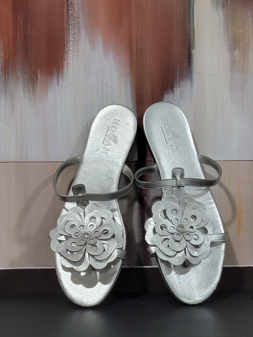 HOGAN Leather Metallic Grey Thong Sandals US 9 EU 40 Strap Made in Italy